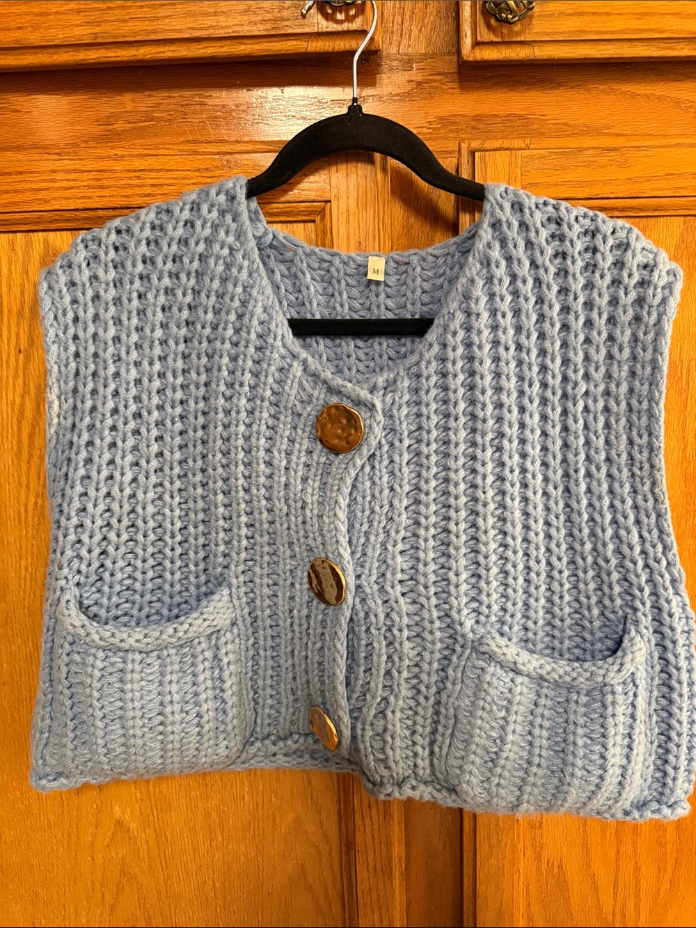 Sky Blue Chunky Knit Button-Front Cardigan Vest